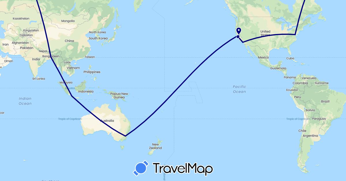 TravelMap itinerary: driving in Australia, Bangladesh, Indonesia, United States (Asia, North America, Oceania)